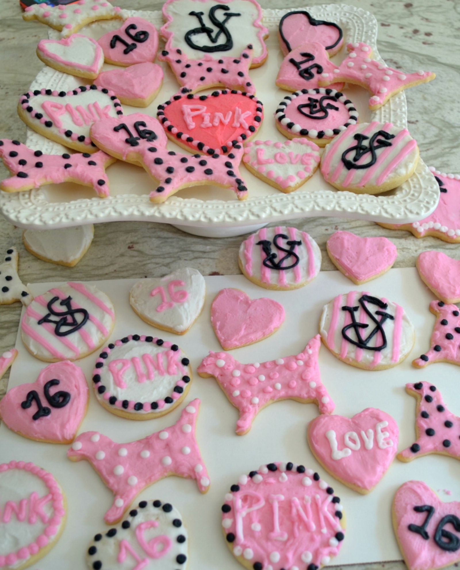Decorated sugar cookies for a sweet 16 birthday party.