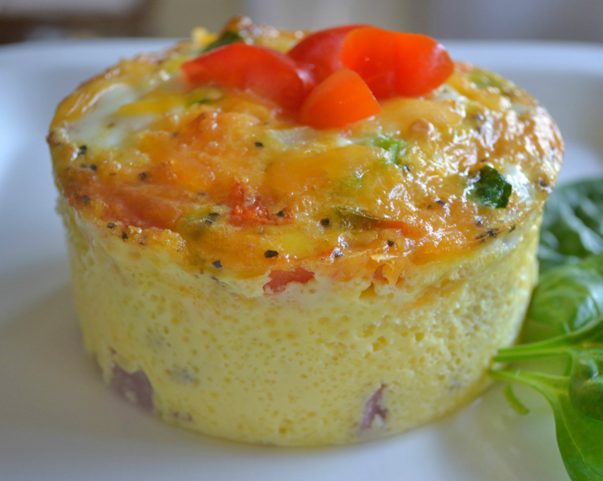 A lower carb, breakfast souffle loaded with eggs, veggies and cheese.