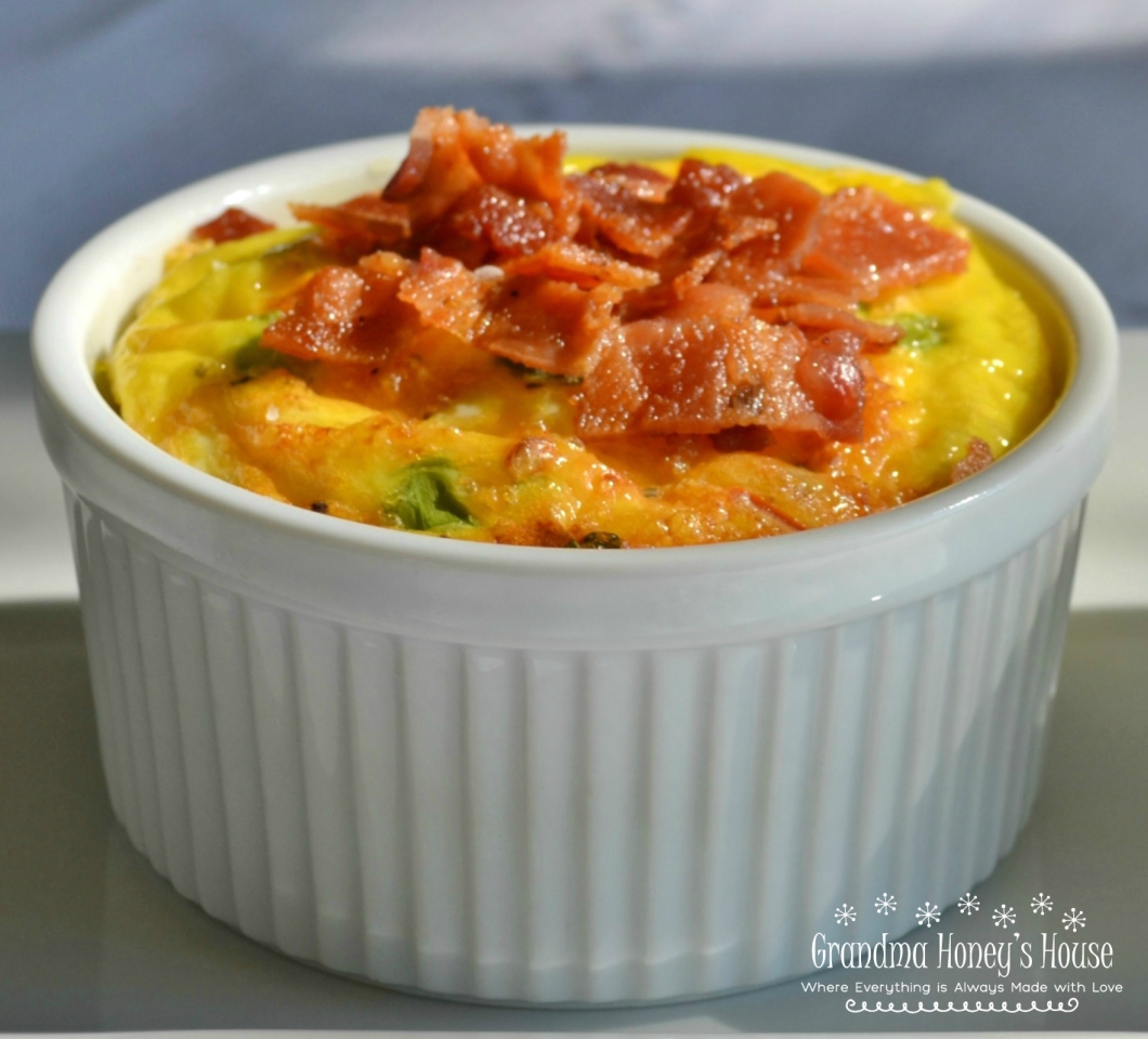 A lower carb, breakfast souffle loaded with eggs, veggies and cheese.