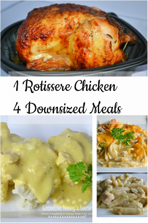 1 Rotissere Chicken can produce 4 downsized meals. Perfect for 2 people. Inexpensive and delicious. 