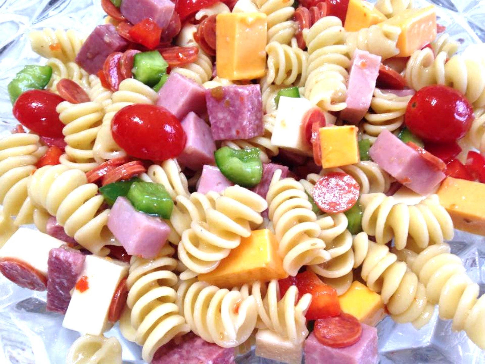 pasta salad, cooking for 2, ham, salami, cheeses