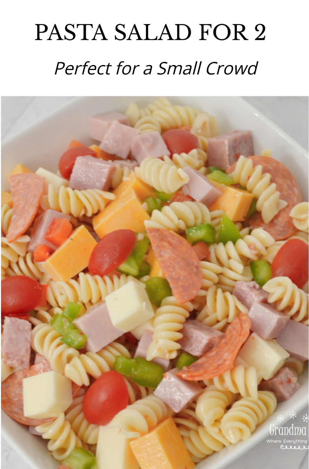 This Protein Packed Pasta Salad is loaded with veggies, meats, and cheeses. Colorful, delicious, and perfect to transport to any summer event. This scaled down version is perfect for 2 or 3 people.