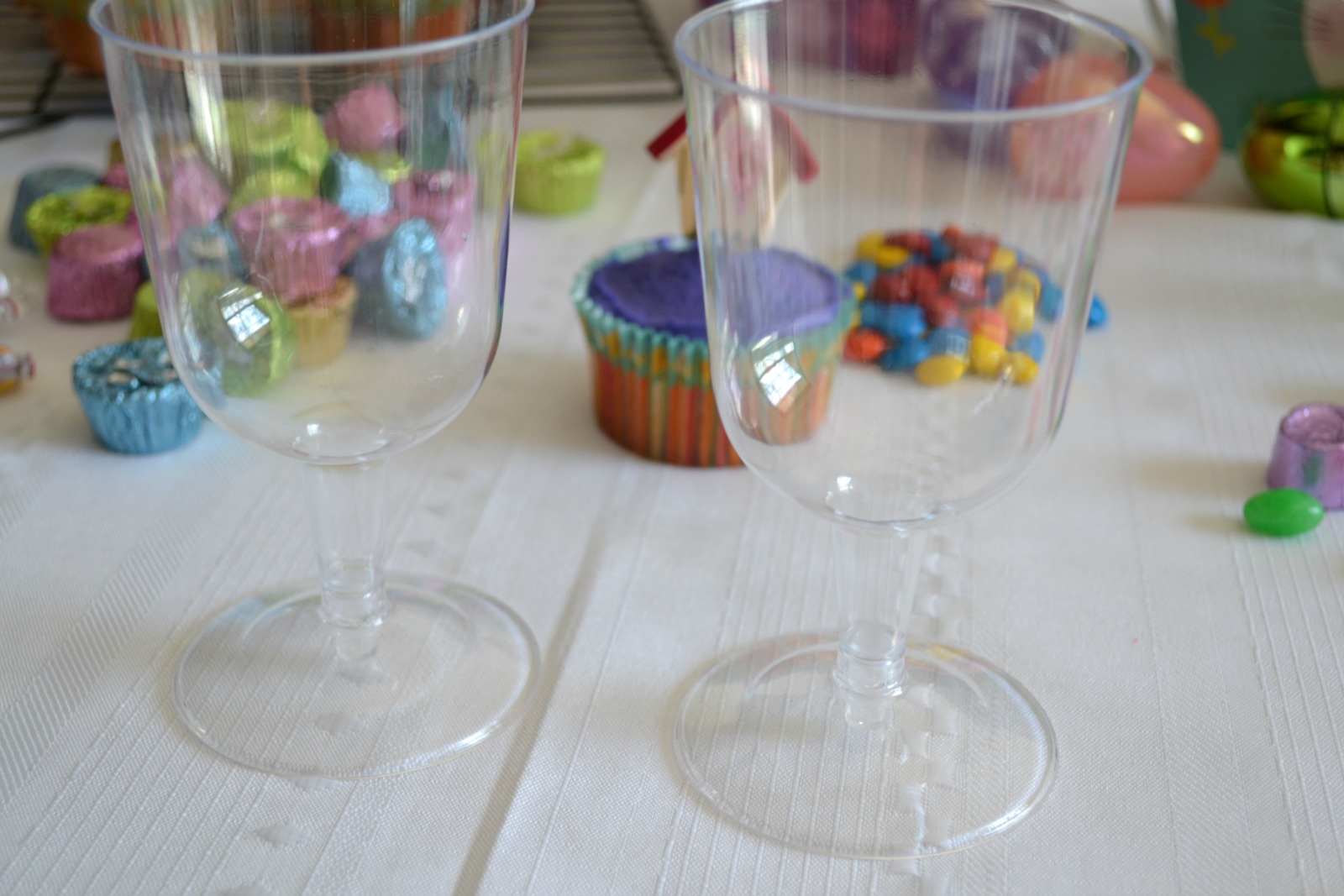 easter treats, candy bags, plastic stem glasses