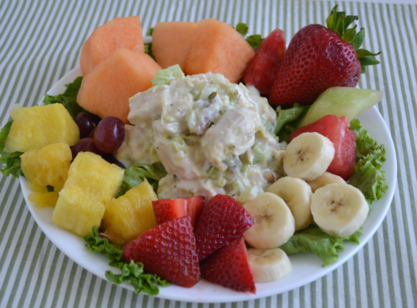 chicken salad, honey, pecan, rotissere chicken, fruit plate