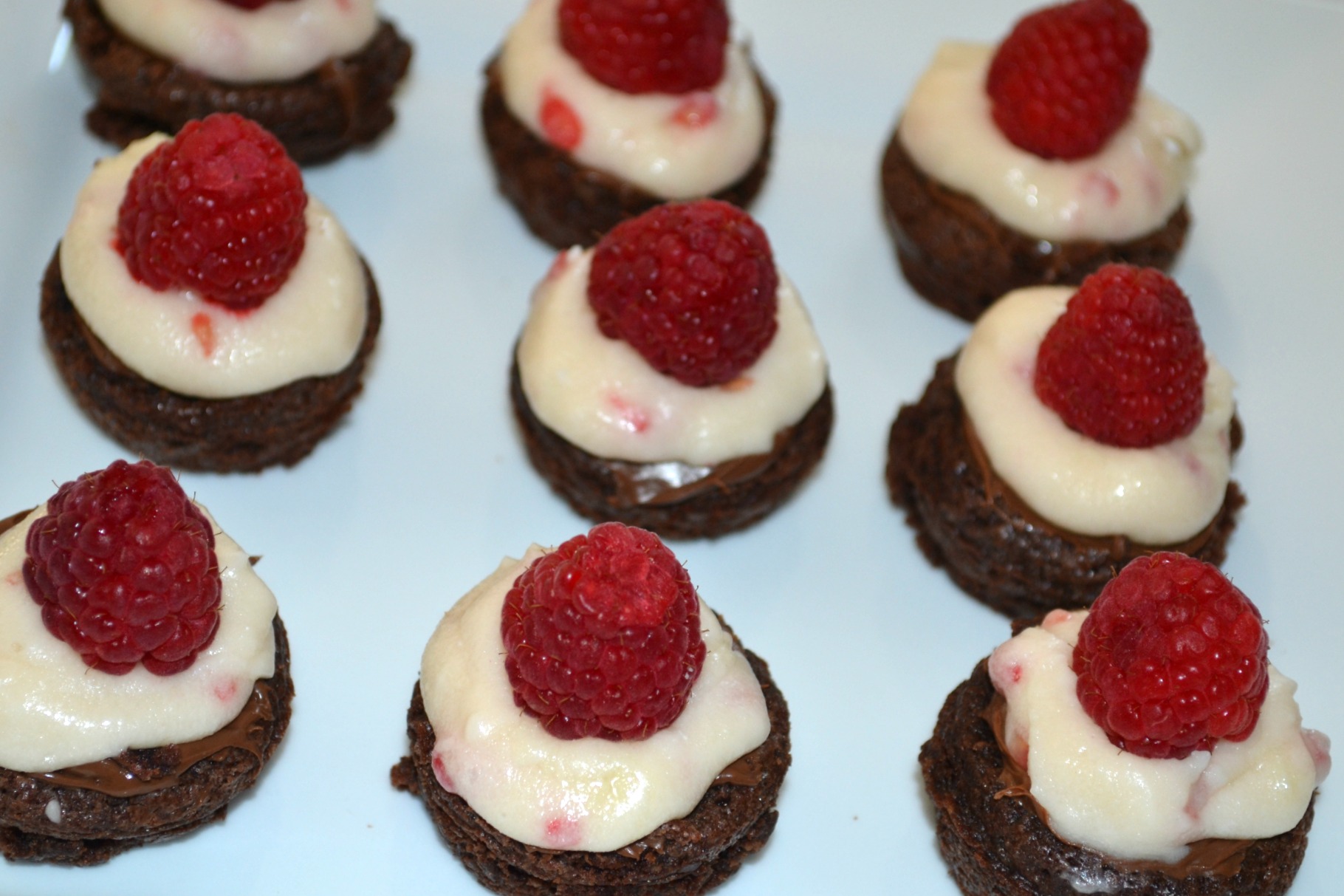 brownie bites, mascarpone cheese, raspberries, nutella