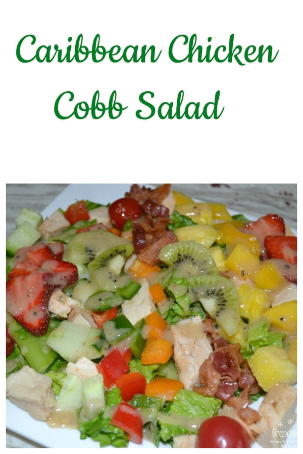 This Caribbean Chicken Cobb salad is colorful, light, and packed with lots of meat, fruits and veggies. Perfect for lunch or a light dinner.