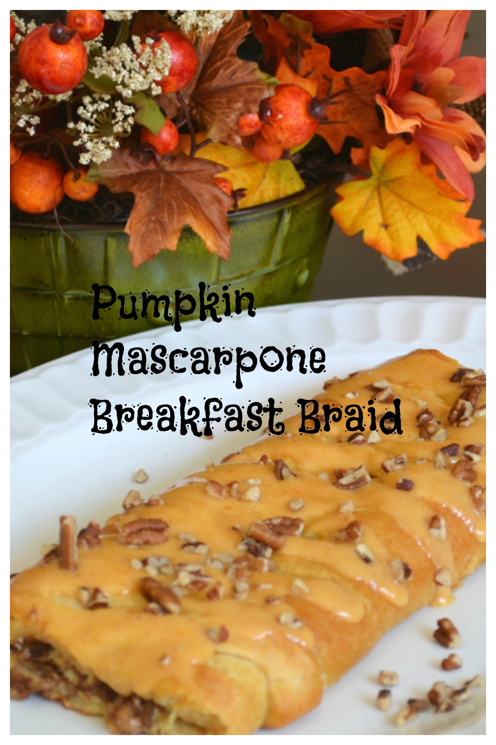 A beautiful breakfast braid filled with pumpkin, mascarpone cheese, and nuts. Baked in a refirgerated cresent dough.