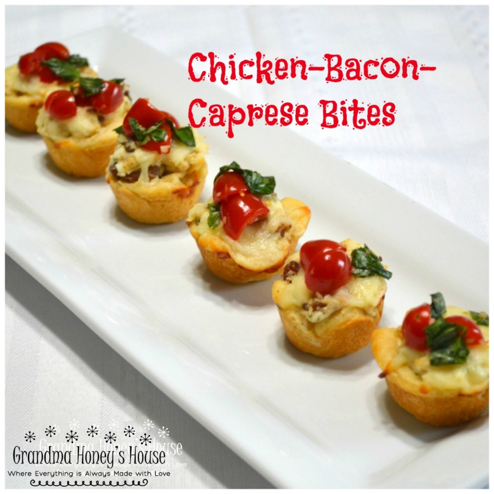 Chicken-Bacon-Caprese Bites are perfect to add to your tailgate menu. Chicken, cheese and a caprese topping baked in a crescent dough cup.