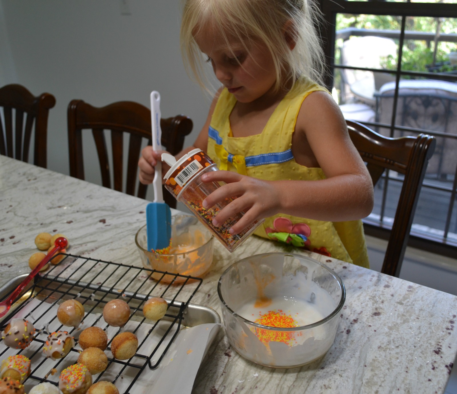 donut holes, donut glaze, sprinkles, kids cooking