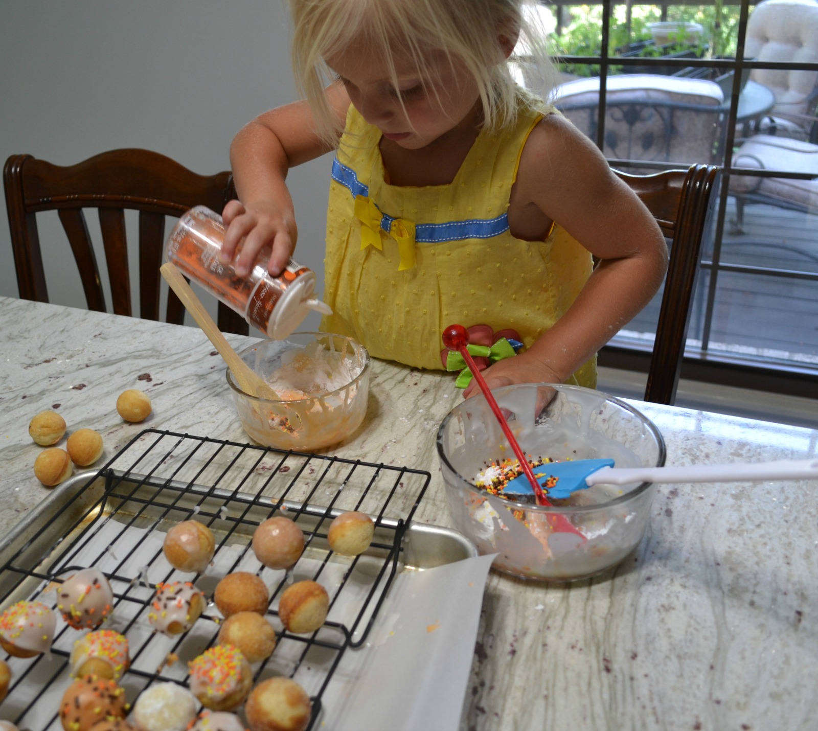 donut holes, kids cooking, donut glaze, sprinkles