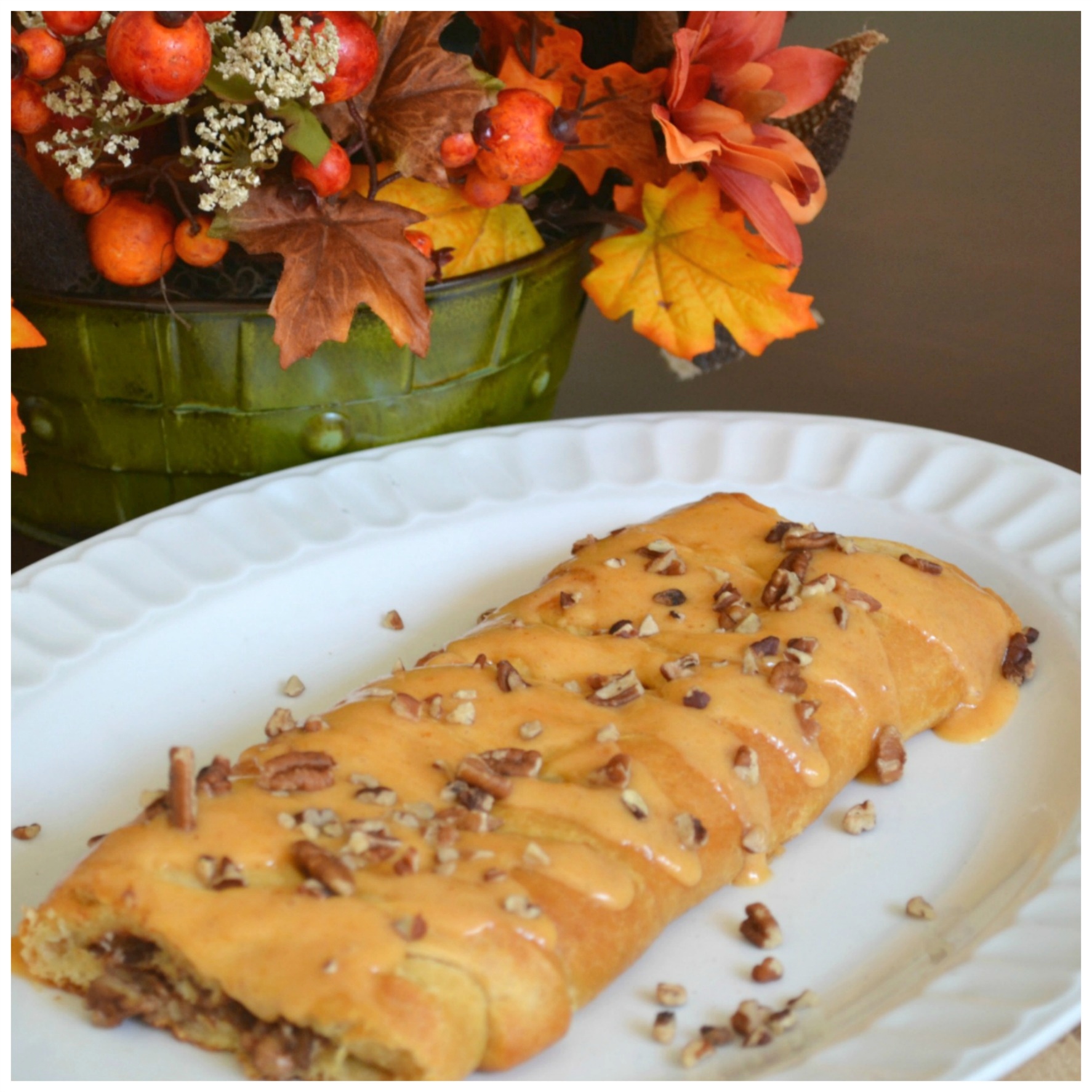 A beautiful breakfast braid filled with pumpkin, nuts, and mascarpone cheese. Baked in a refrigerated crescent dough.