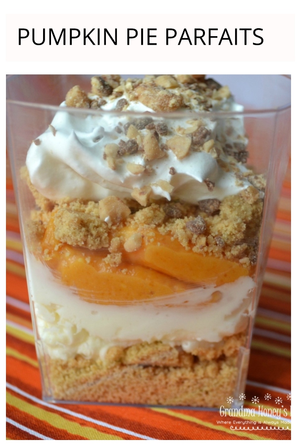 Pumpkin pie parfaits are a quick and easy dessert with all of the flavor of pie but in a cup, topped with Chocolate Toffee Bits and are perfect to add to your fall dessert menu.  