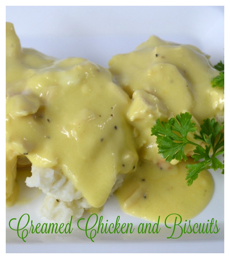 An updated recipe for an old fashioned family, comfort food recipe. Made with a rotisserie chicken simmered in a cream sauce, and served over mashed potatoes and biscuits. 