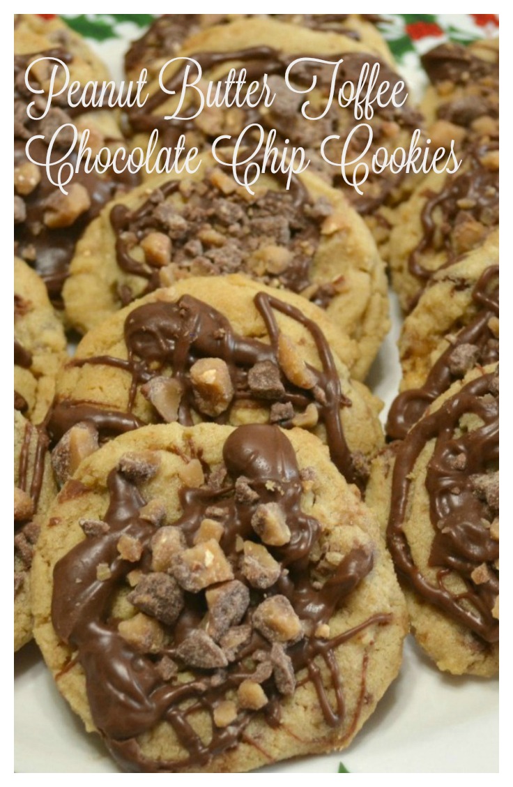 Peanut Butter Toffee Chocolate chip cookie is an upscale peanut butter cookie filled with chocolate chips and toffee bits. A soft cookie that melts in your mouth. Great holiday cookie. 