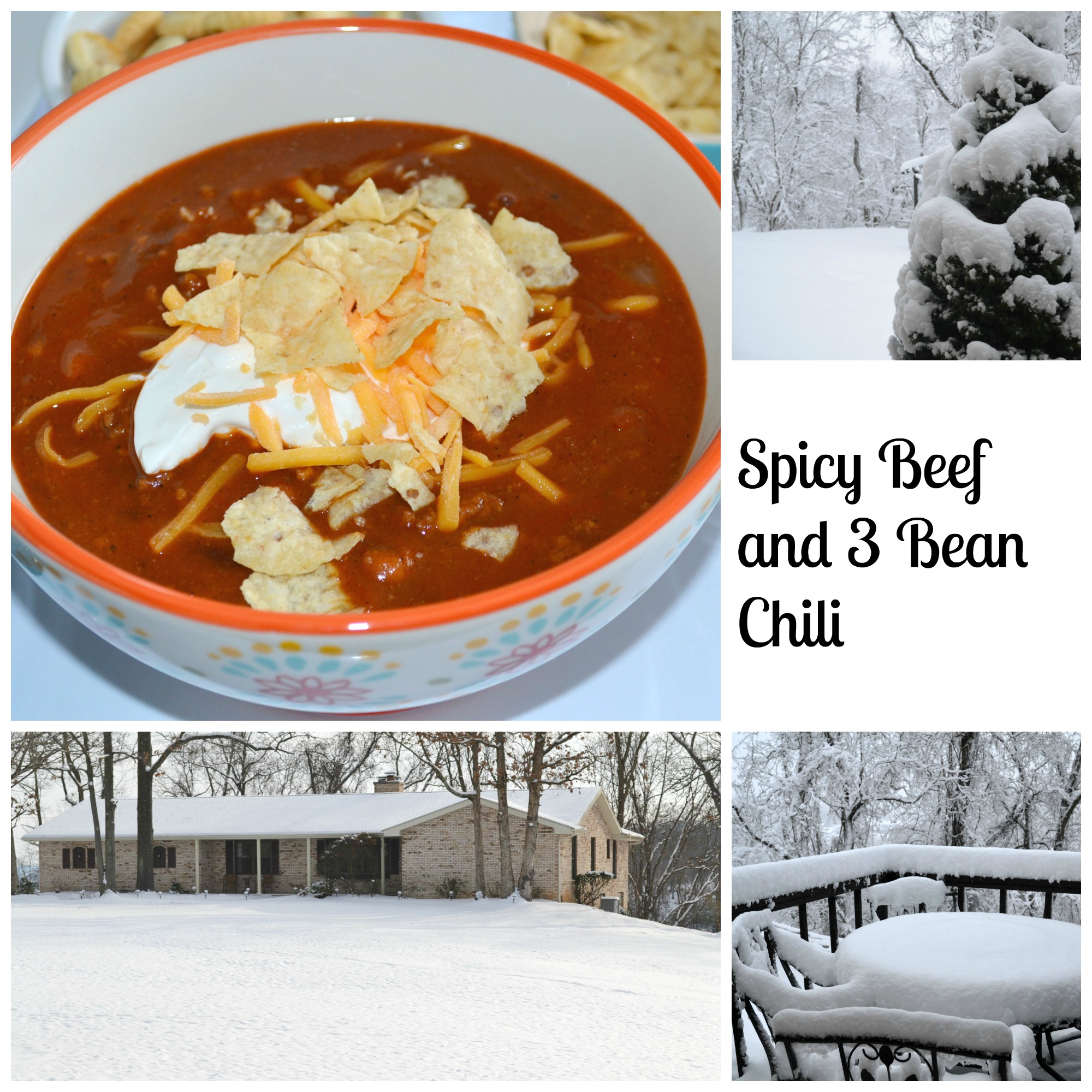 Recipe for homemade chili. Spicy Beef and 3 Bean Chili. Perfect for a cold, snowy day.