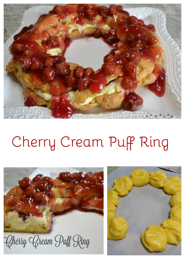 This elegant dessert is a cream puff ring filled with pudding and cherry pie filling.