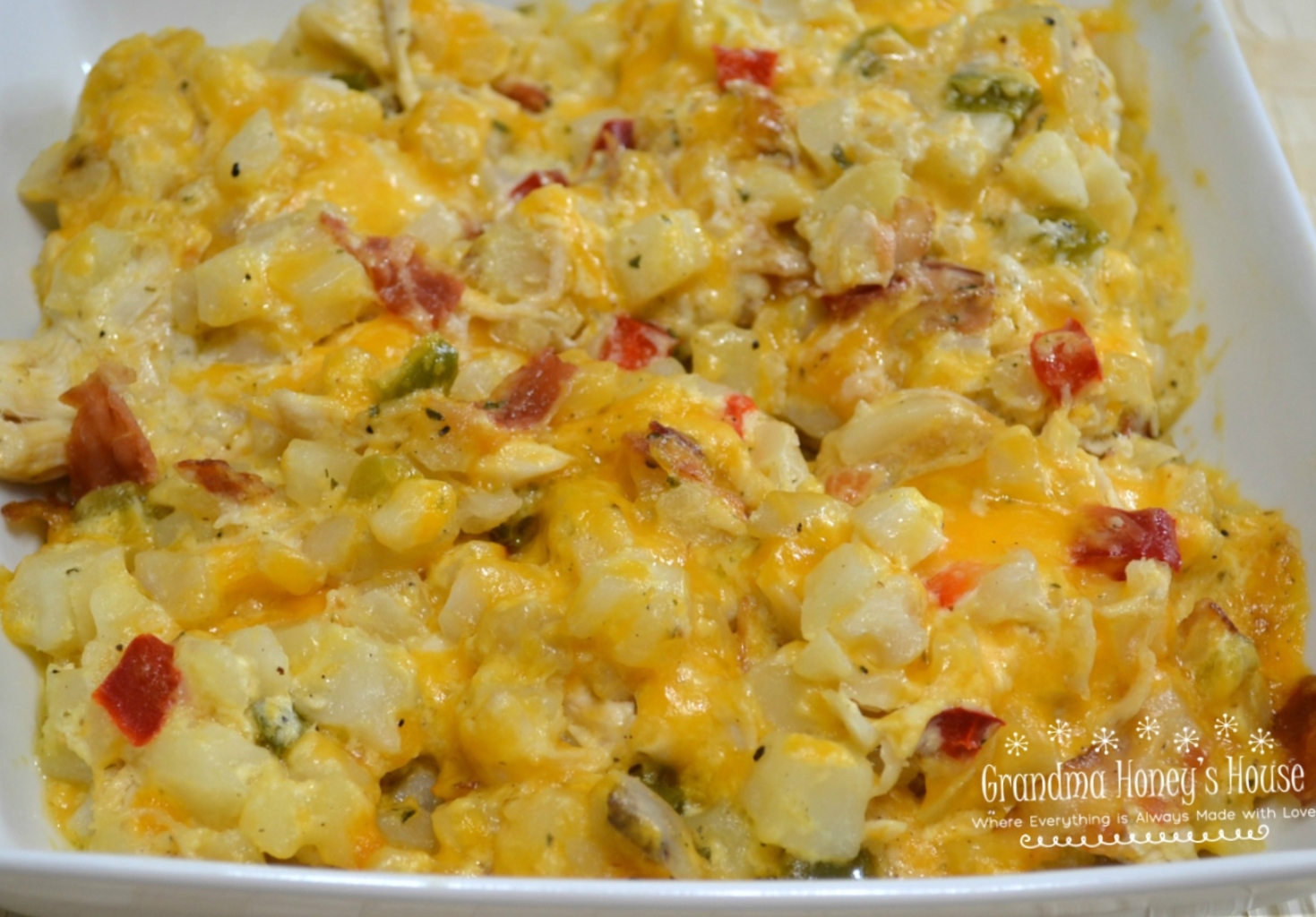 A hearty variation to the hashbrown casserole with chicken, bacon and ranch ingredients.