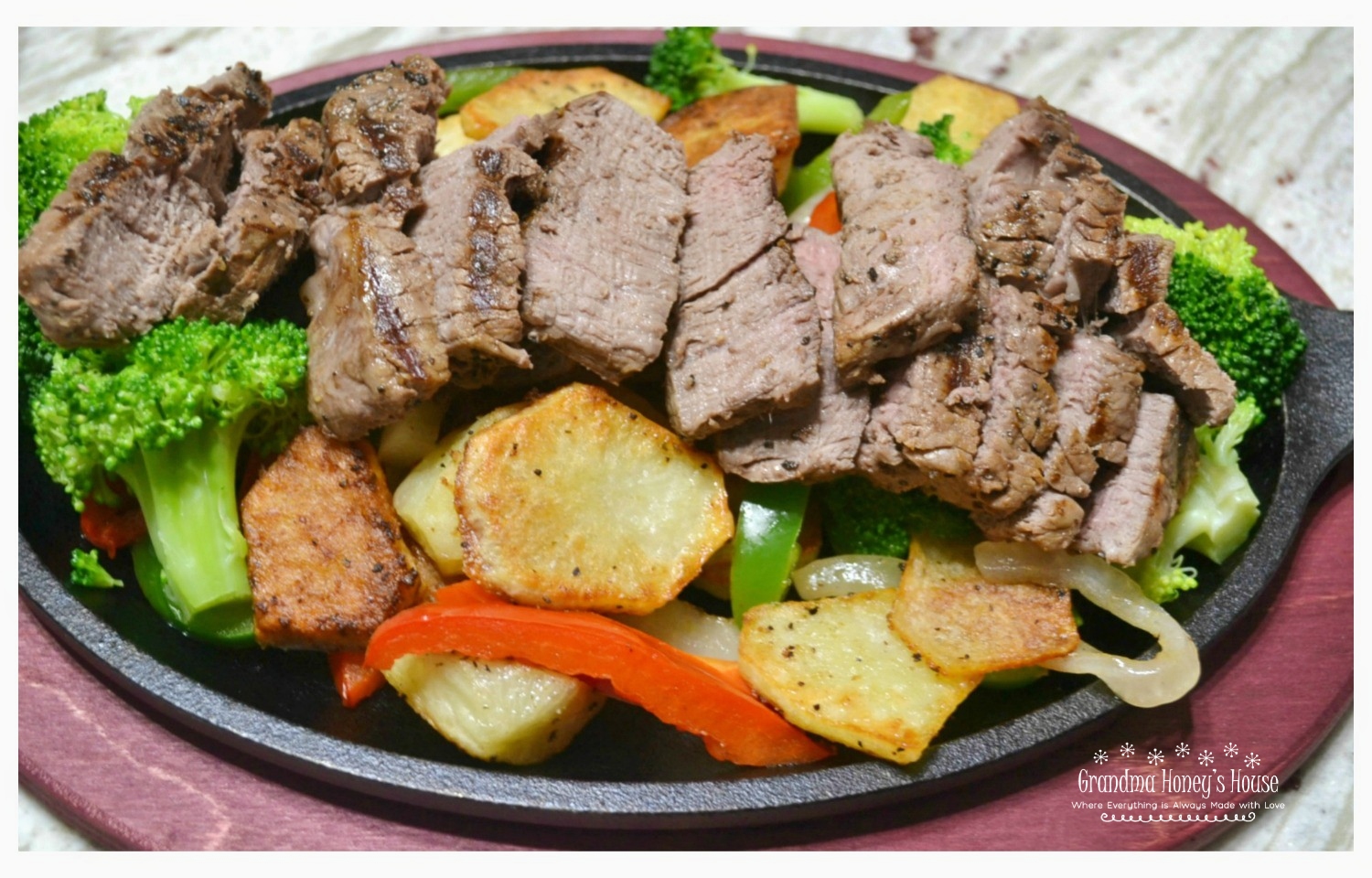 Sizzlin Steak and garlic roasted potato skillets are a delicious twist on a steak and potato dinner