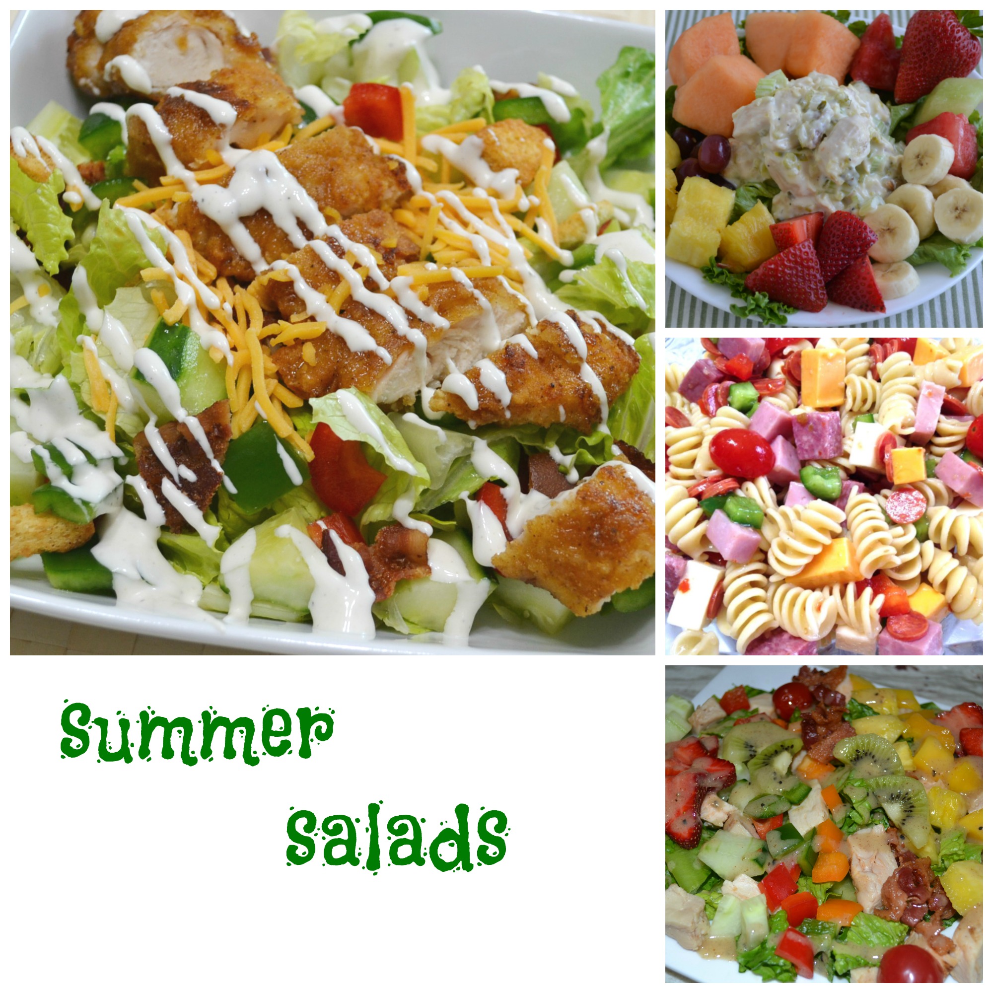 A collection of summer salads packed with meats, cheese, fruits and veggies. Perfect for a summertime dinner.