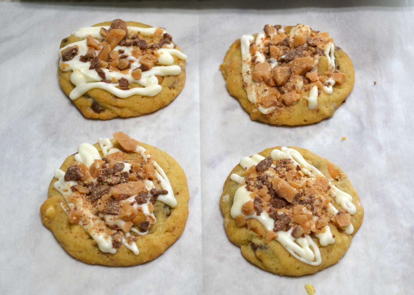 Butterscotch Toffee Chocolate Chip cookies are packed with butterscotch, milk choc, white choc chips and toffee bits. 