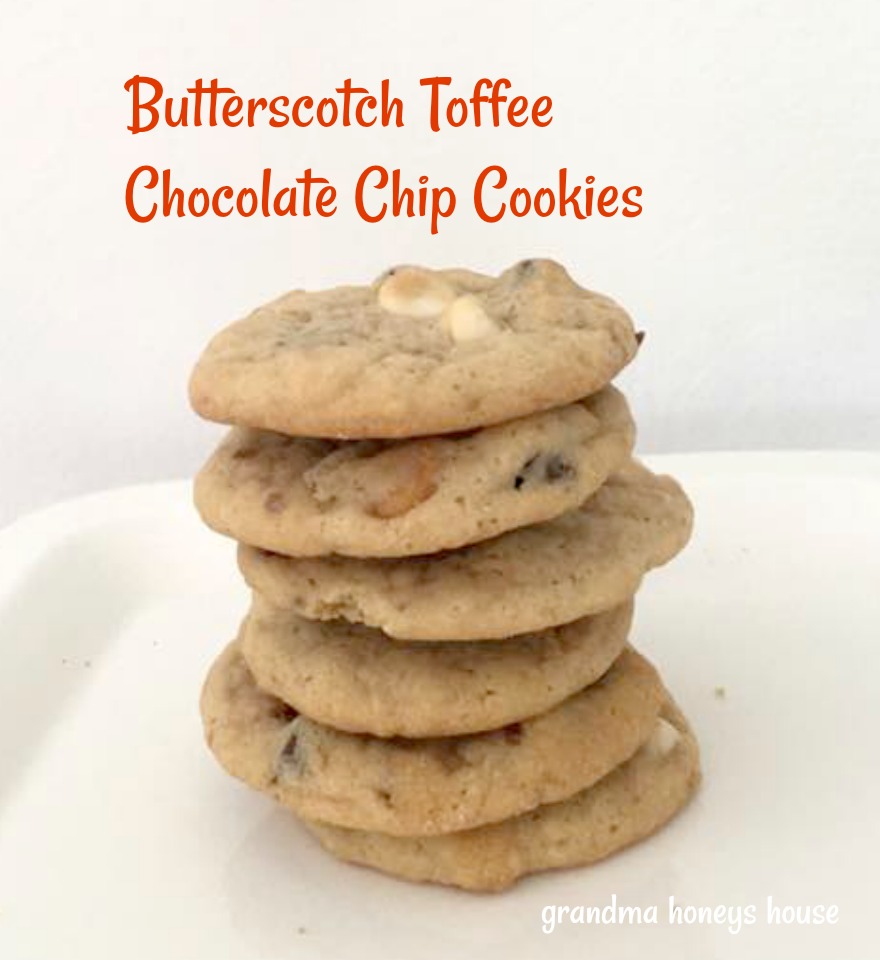 Butterscotch Toffee Chocolate Chip cookies are packed with butterscotch, milk choc, white choc chips and toffee bits.