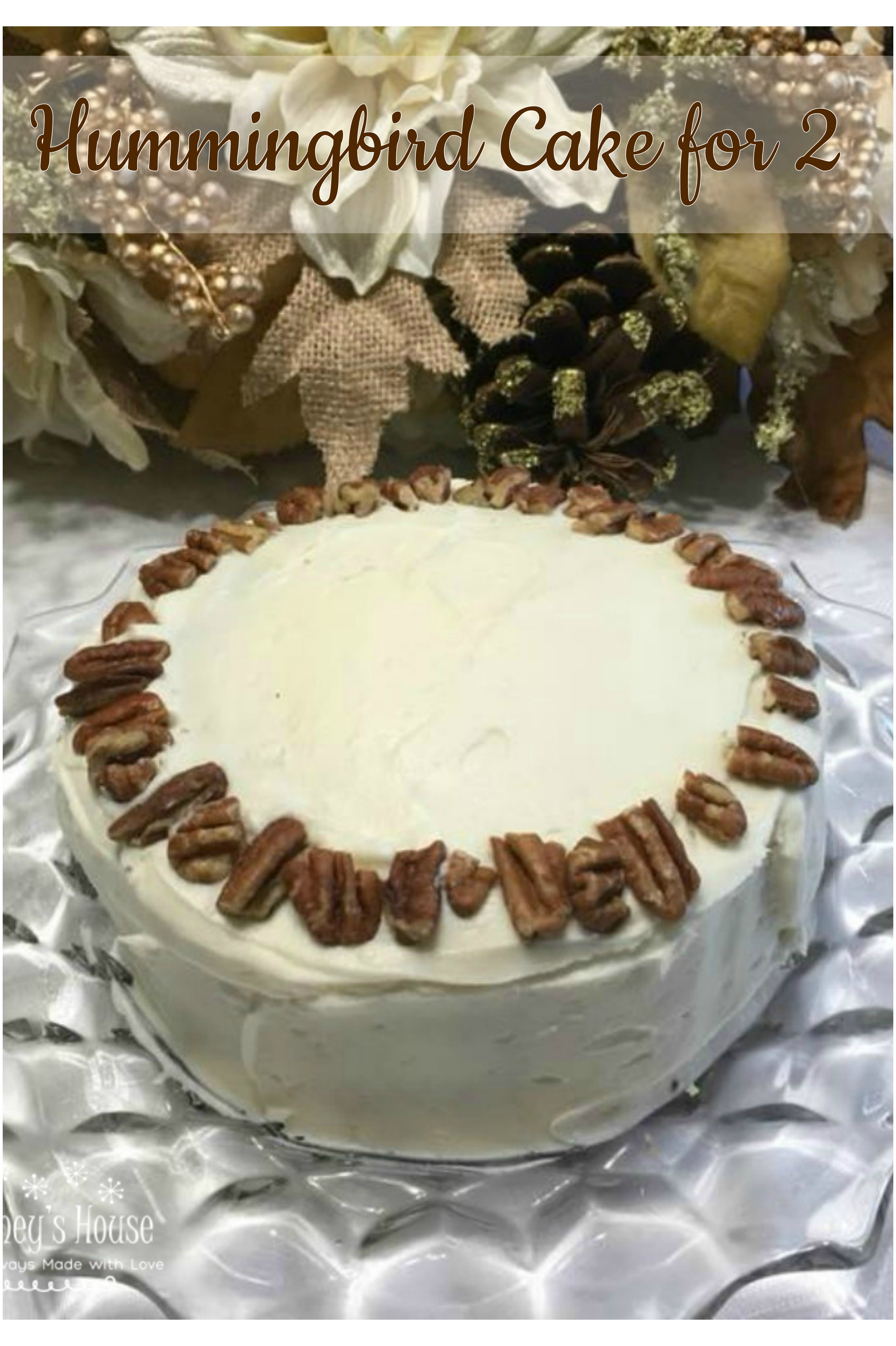 Hummingbird Cake for 2 is a scaled down version of the famous Southern Living Cake of 40 years ago. Rich flavor from the cream cheese icing to batter with pineapples, bananas and pecans. 