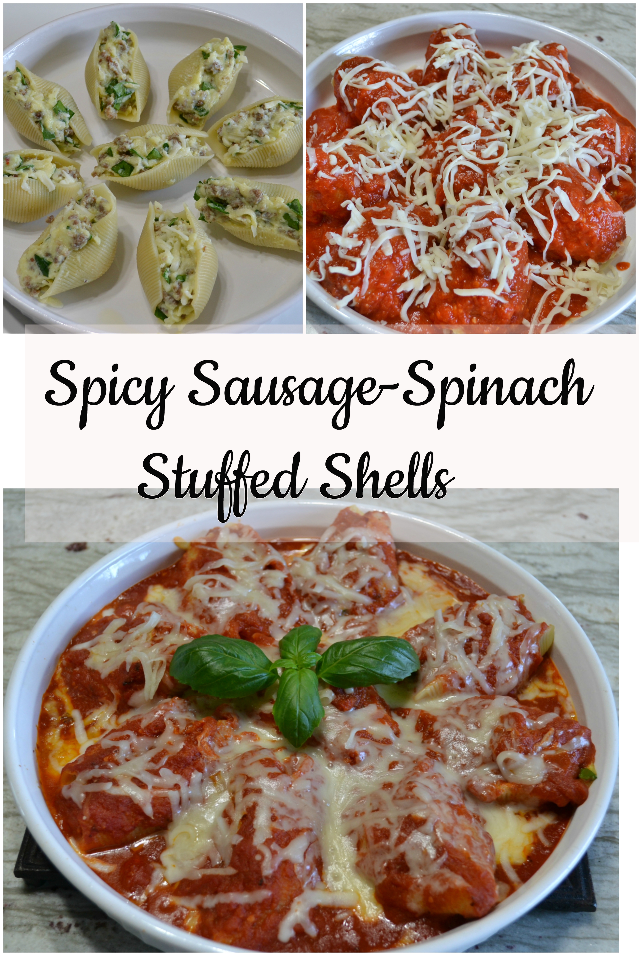 Pasta shells stuffed with a filling of spicy sausage, baby spinach, creamy ricotta and mozzarella cheese are topped with pasta sauce and more cheese. Baked to perfection and served with garlic bread for a quick dinner.