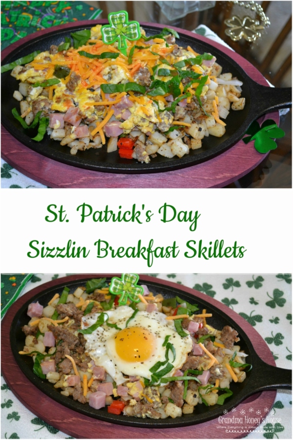 St. Patrick's Day Sizzlin Breakfast Skillets are a coloful, delicious breakfast skillet packed with eggs, potatoes, meats, cheese and veggies.