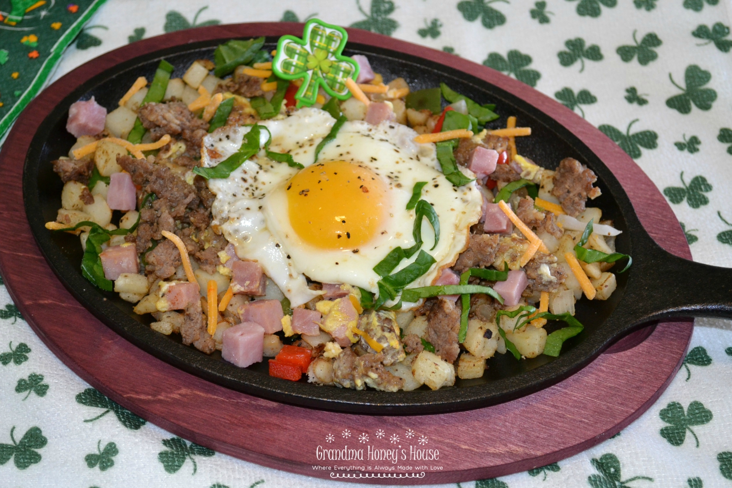 St. Patrick's Day breakfast skillets packed with eggs, meats, veggies, and cheese.