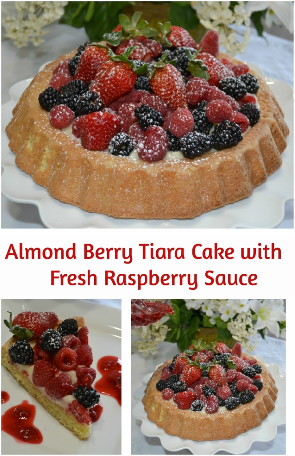 Raspberry Almond Tiara Cake is baked in a tiara pan, has almond paste in the cake, filled with a mascarpone layer and topped with fresh berries. Drizzle fresh raspberry sauce.