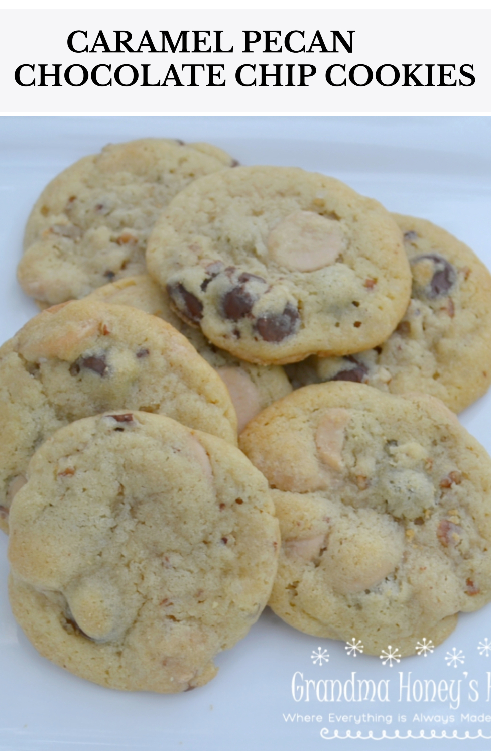 These Caramel Pecan Chocolate Chip Cookies are a basic chocolate chip recipe with the addition of caramel baking chips and pecan pieces. A soft center cookie with a toffee taste.