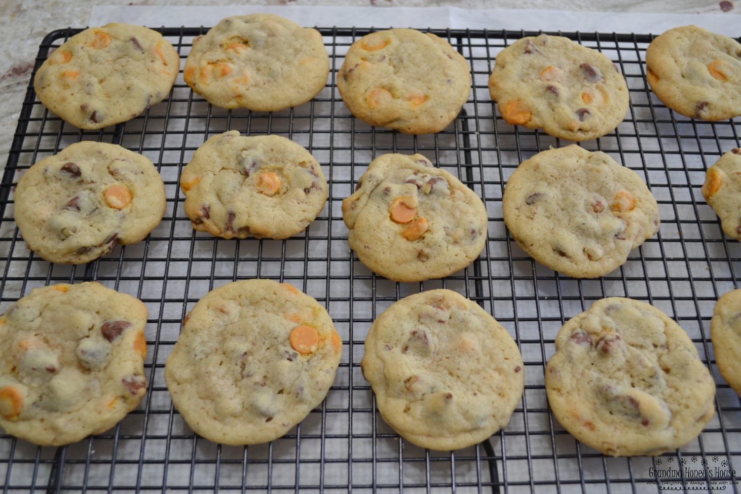 These Caramel Pecan Chocolate Chip Cookies are a basic chocolate chip recipe with the addition of caramel baking chips and pecan pieces. A soft center cookie with a toffee taste.