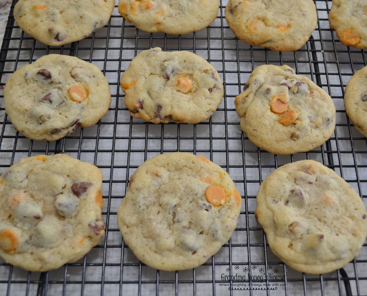 These Caramel Pecan Chocolate Chip Cookies are a basic chocolate chip recipe with the addition of caramel baking chips and pecan pieces. A soft center cookie with a toffee taste.