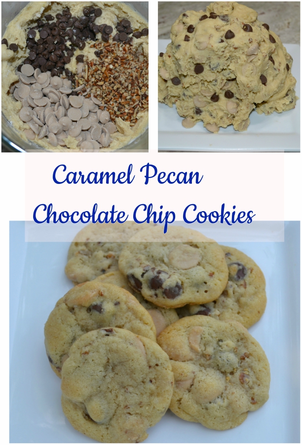 These Caramel Pecan Chocolate Chip Cookies are a basic chocolate chip recipe with the addition of caramel baking chips and pecan pieces. A soft center cookie with a toffee taste.