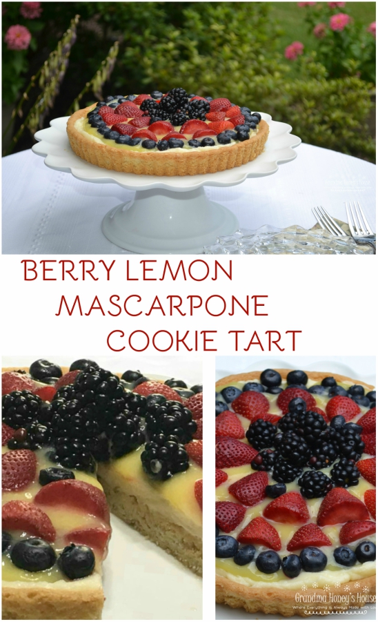 Berry Lemon Mascarpone Cookie Tart is made with a sugar cookie crust that is filled with sweetened mascarpone cheese, lemon curd, and topped with fresh berries.