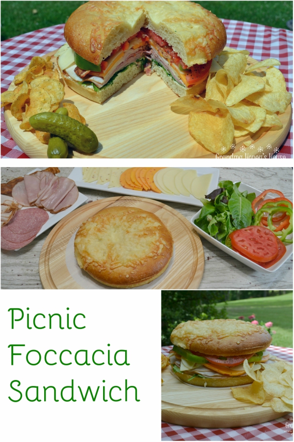 Picnic Foccacia Sandwich is loaded with meats, cheeses,and veggies. Made on a foccia loaf, drizzled with italian dressing and cut into beautiful wedges