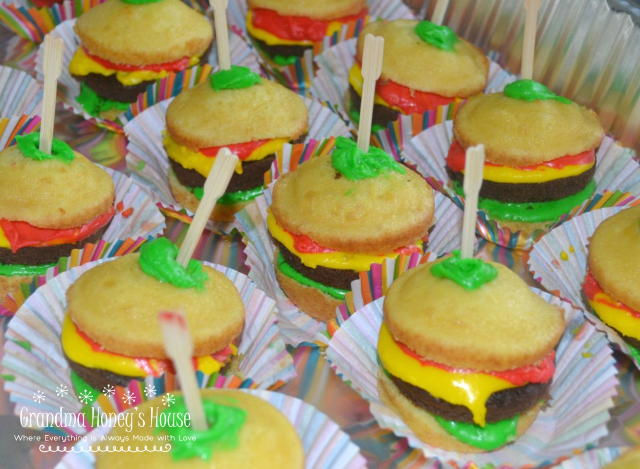 Cook-out cupcakes that look like mini cheeseburgers. Kids love them.