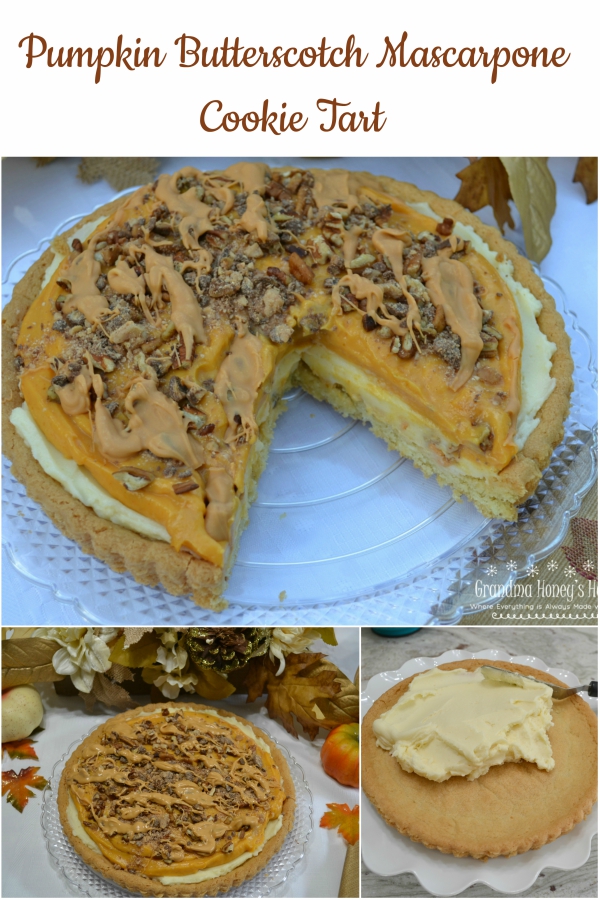 Pumpkin Butterscotch Mascarpone Cookie Tart is a perfect fall dessert with a cookie tart and layers of pumpkin, mascarpone cheese and toppings of toffee bits and butterscotch.