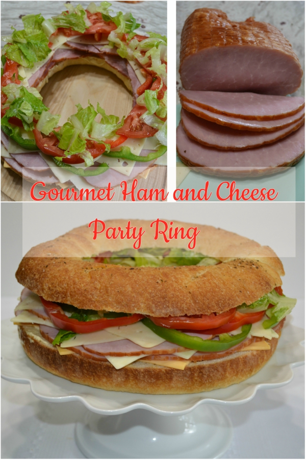 Gourmet Ham and Cheese Party Ring is perfect for any get together. A giant sandwich loaf filled with ham, cheeses, and veggies.