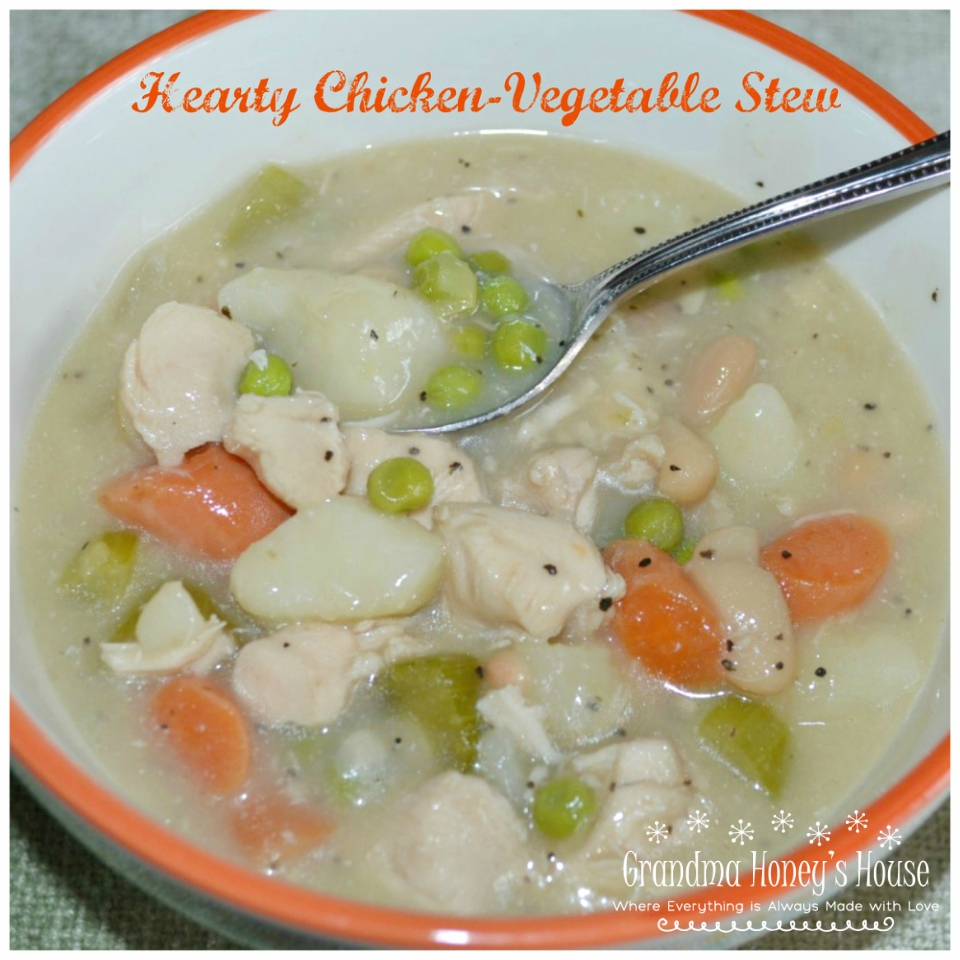 This Hearty Chicken Vegetable Stew has tender pieces of chicken simmer with potatoes, carrots, celery, onions, peas, and creamy cannellini beans in a rich, savory broth.