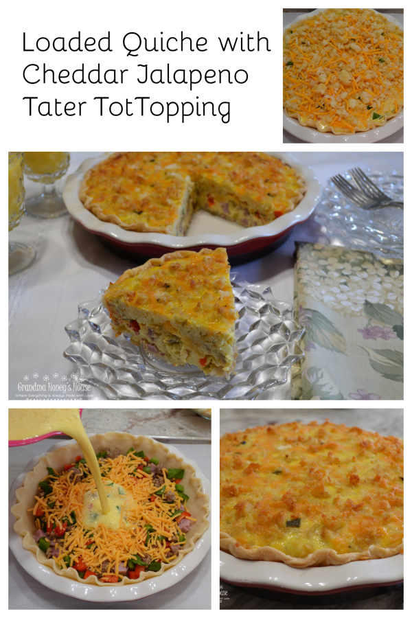 A loaded quiche with sausage, ham, peppers, spinach, cheese, eggs and half and half.  Top it off with a mixture of crumbled tater tots, cheddar cheese, and diced jalapenos for a  special brunch dish