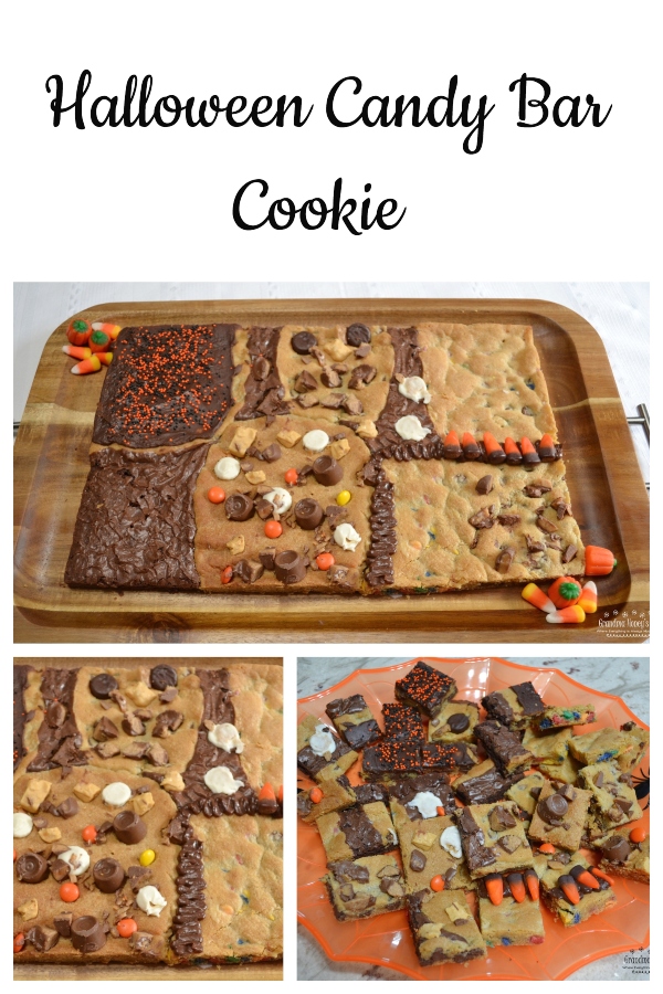 This Halloween Candy Bar Cookie is a mixture of different cookie dough, and brownie mix baked together on a sheet pan. Different candies and chips are added to dough or top the treat. 