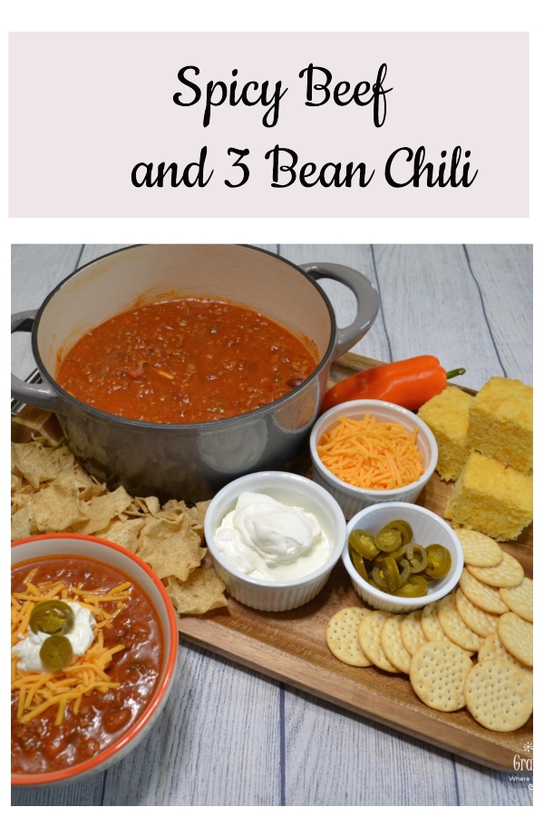 Spicy Beef and 3 bean chili is the ultimate pot of chili. Beef, beans, spices, veggies and tomato juice slow simmered to perfection.