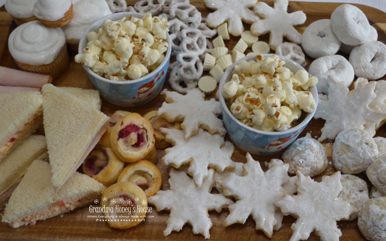 A Winter Wonderland Snack Board filled with savory and sweet, white treats to enjoy on a snowy day