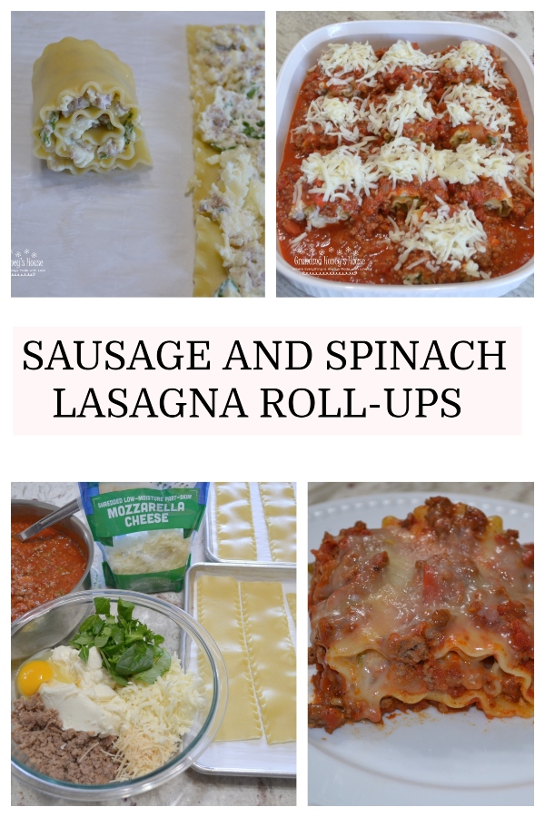 Sausage-Spinach Lasagna Roll-ups are a mixture of cheeses, egg, baby spinach, and sausage spread on lasagna noodles. They are rolled up,covered with pasta sauce and topped with more cheese and baked. 