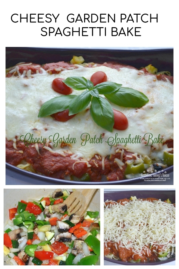 Cheesy Garden Patch Spaghetti bake is loaded with veggies, sauce, pasta and cheese. 