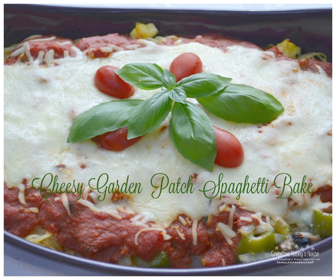 Cheesy Garden Patch Spaghetti bake is loaded with veggies, sauce, pasta and cheese. 