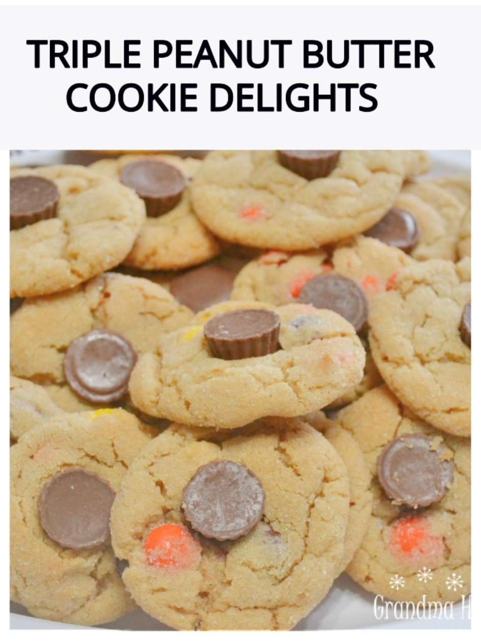 Triple Peanut Butter Cookie Delights are soft, chewy peanut butter cookies loaded with three favorite candies: Reese's Pieces, M&M's, and mini peanut butter cups. They are colorful, fun to make, and absolutely perfect for Halloween baking.