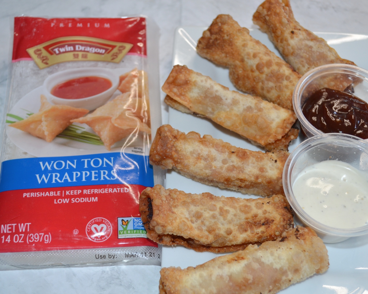 Crispy Twin Dragon Wonton wrappers filled with bbq chicken and cheddar cheese,