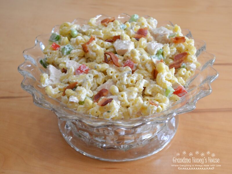 Chicken Bacon Ranch Macaroni Salad. Loaded macaroni salad with pasta, rotisserie chicken, bell peppers, and bacon, all combined with a creamy mayonnaise and ranch dressing  mixture. 